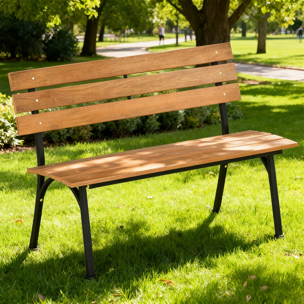 47 Inch Outdoor Acacia Wood Bench With Metal Frame And Slatted Seat_voghion.com